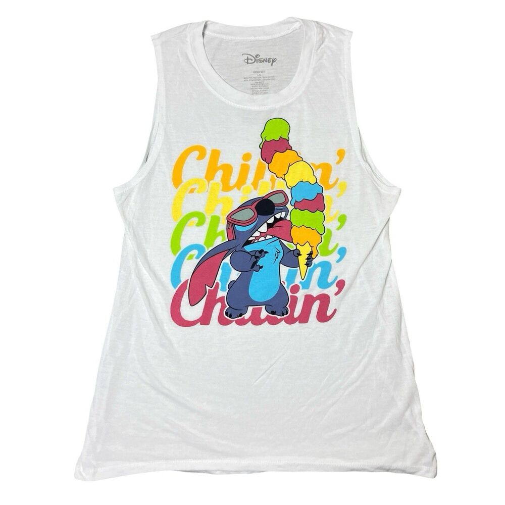 Disney Tank Top Womens‎ L White Graphic Stitch Chillin Sleeveless Ice Cream Nwt